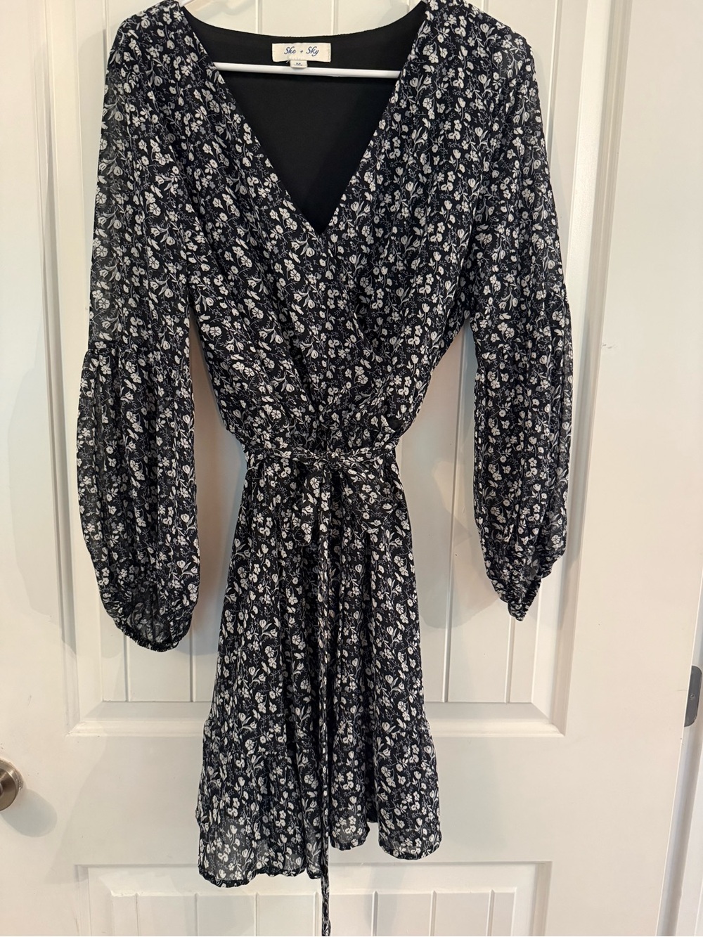 She + Sky Black and White Floral Long Sleeve Wrap Dress